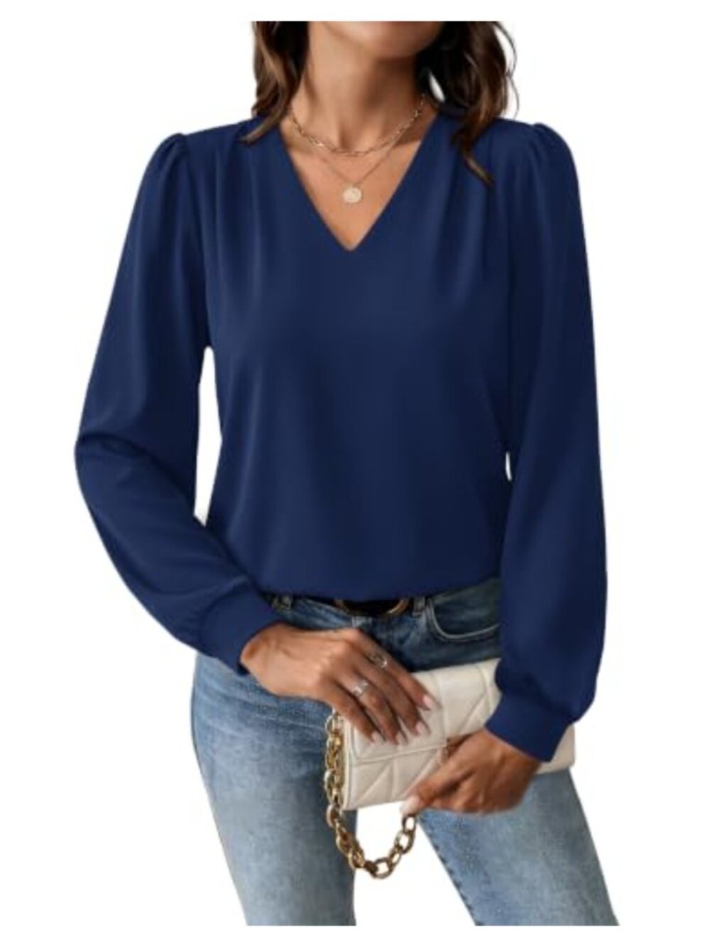 Womens V Neck Long Sleeve Blouse Pleated Business Casual Top